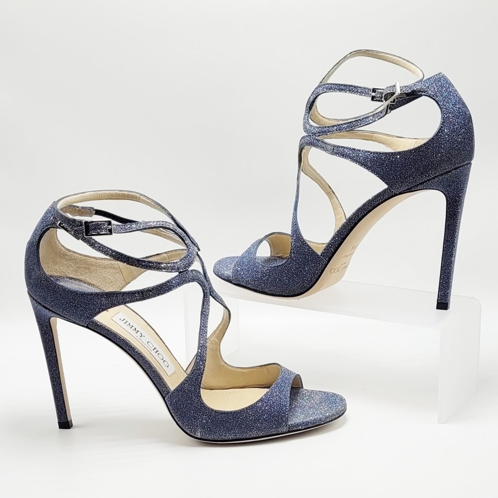 Jimmy Choo Navy Glitter Strappy High Heel Sandals